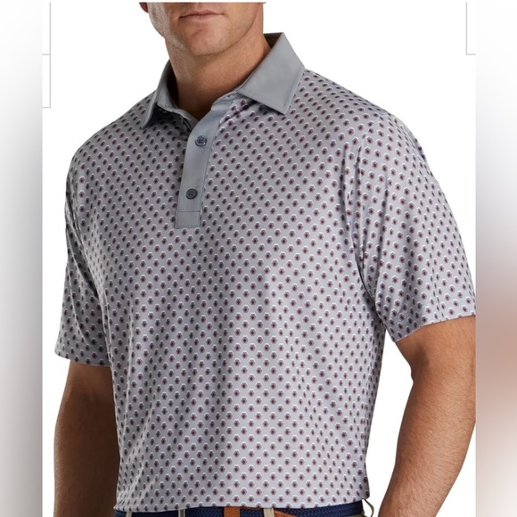 FootJoy Geometric Print Lisle Self Collar Golf Polo Grey Burgundy Red Large UV - Picture 1 of 9